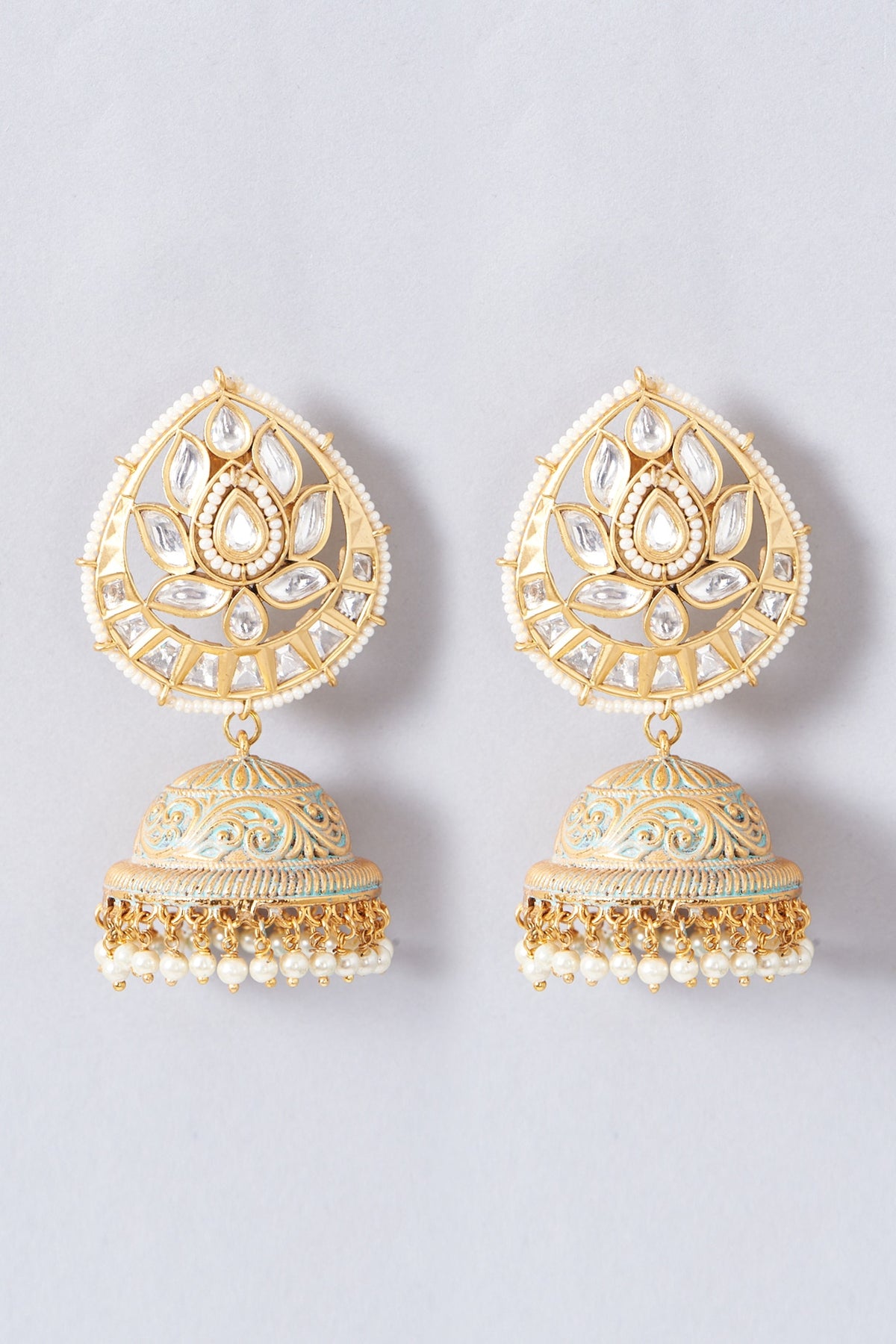 Gold Finish Kundan Polki Jhumka Earrings