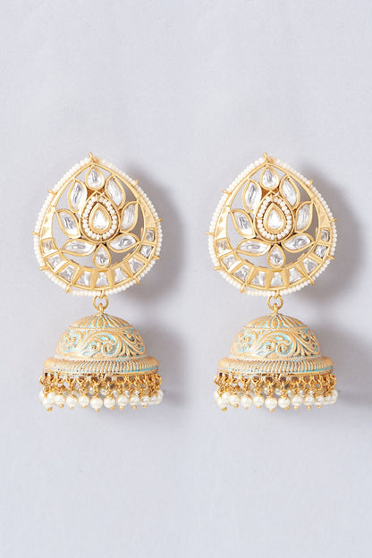 Gold Finish Kundan Polki Jhumka Earrings