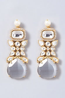 Gold Finish Grey Stone Dangler Earrings