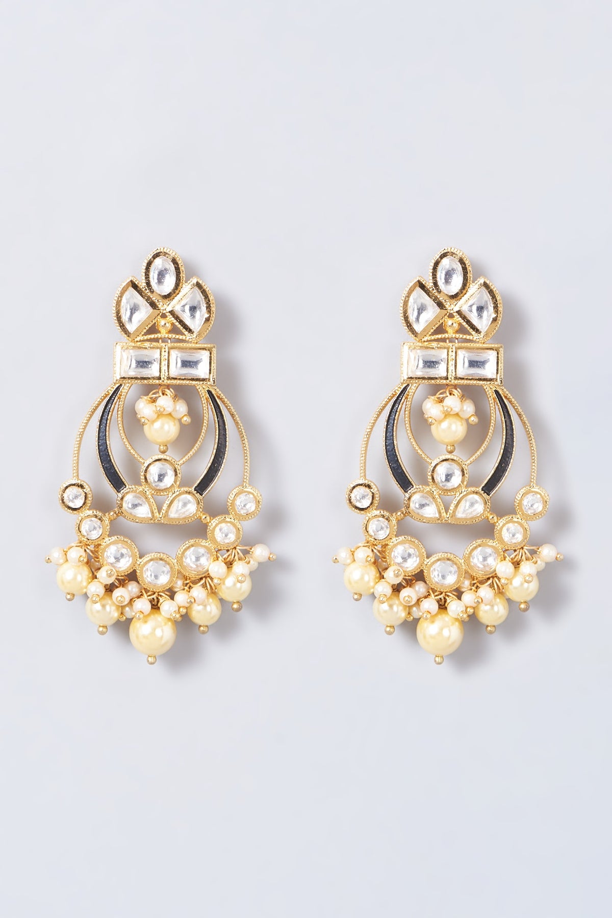 Gold Finish Kundan Polki & Pearl Chandbaali Earrings