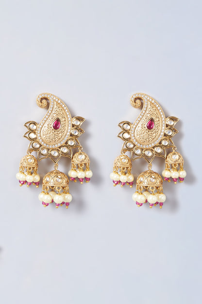 Gold Finish Pink Kundan Polki Dangler Earrings