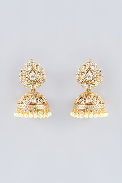 Gold Finish Kundan Polki Jhumka Earrings
