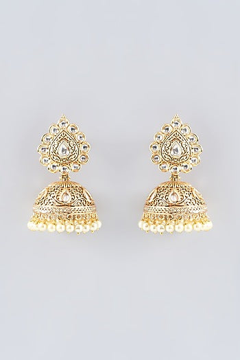 Gold Finish Kundan Polki Jhumka Earrings