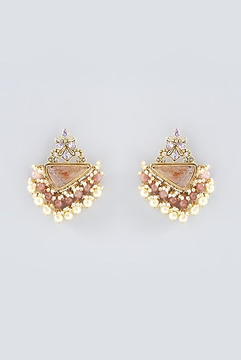 Gold Finish Kundan Polki & Rose Quartz Dangler Earrings