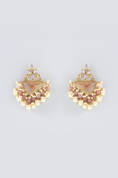 Gold Finish Kundan Polki & Rose Quartz Dangler Earrings