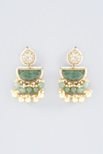 Gold Finish Kundan Polki & Green Onyx Dangler Earrings