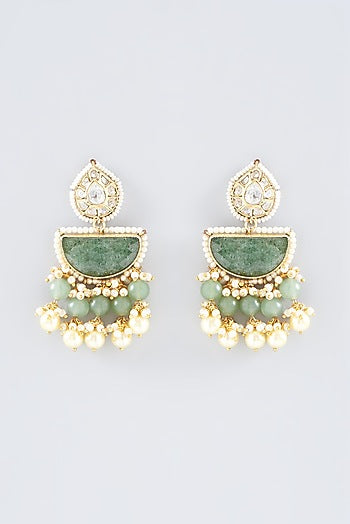 Gold Finish Kundan Polki & Green Onyx Dangler Earrings
