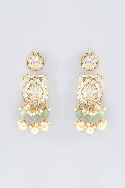 Gold Finish Kundan Polki & Pearl Dangler Earrings