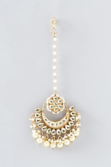 Gold Finish Kundan Polki & Pearl Maangtikka