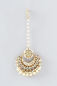 Gold Finish Kundan Polki & Pearl Maangtikka
