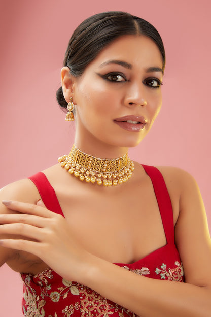 Gold Finish Kundan Polki & Pearl Choker Necklace Set