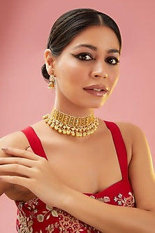 Gold Finish Kundan Polki & Pearl Choker Necklace Set