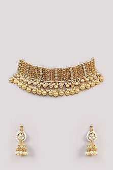 Gold Finish Kundan Polki & Pearl Choker Necklace Set