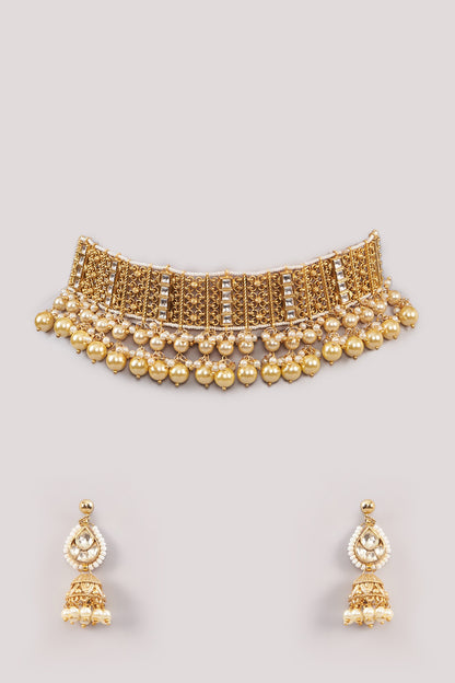 Gold Finish Kundan Polki & Pearl Choker Necklace Set