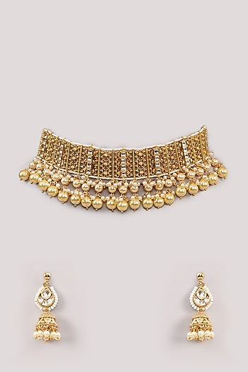 Gold Finish Kundan Polki & Pearl Choker Necklace Set