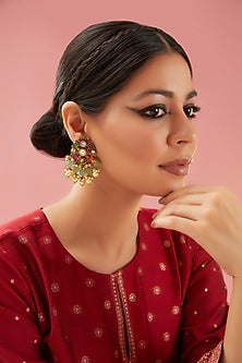 Gold Finish Kundan Polki & Green Agate Chandbaali Earrings