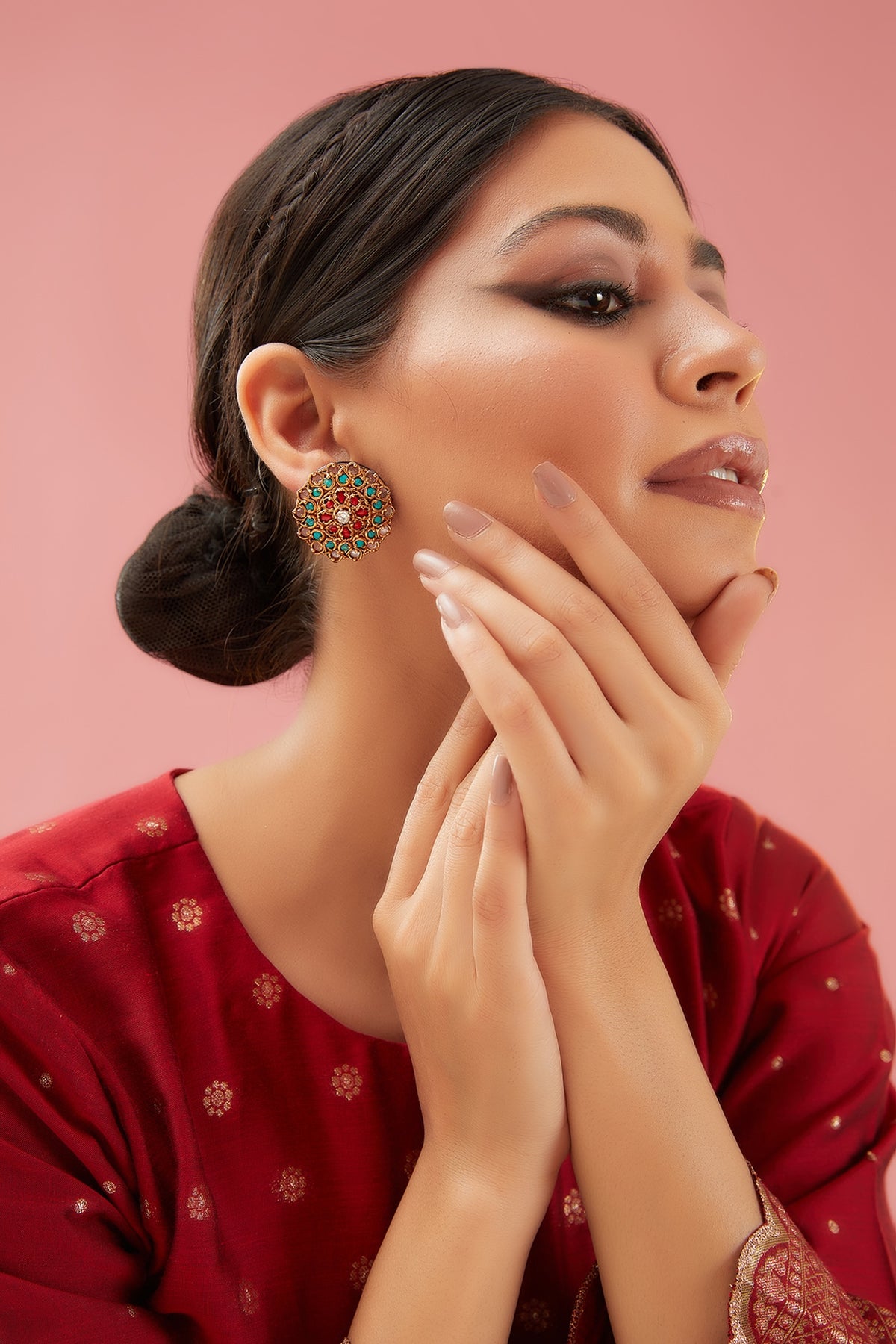 Gold Finish Kundan Polki & Onyx Stud Earrings