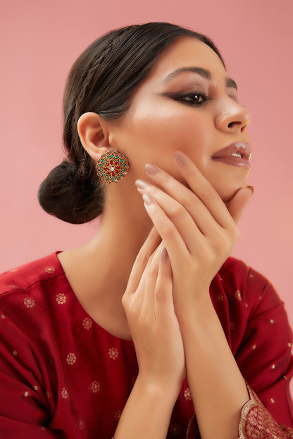 Gold Finish Kundan Polki & Onyx Stud Earrings