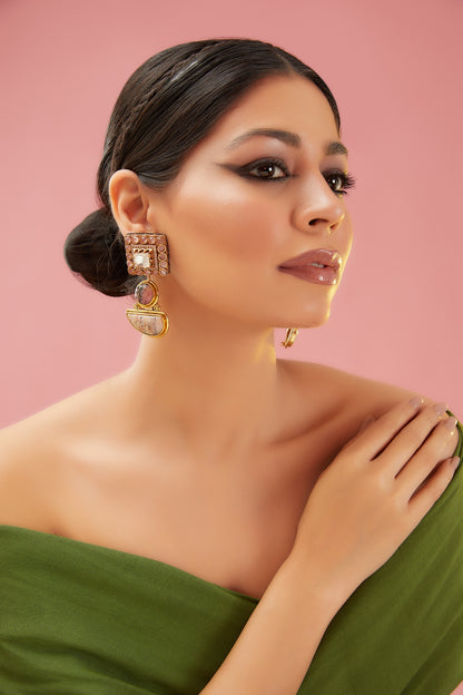 Gold Finish Kundan Polki & Pink Onyx Dangler Earrings