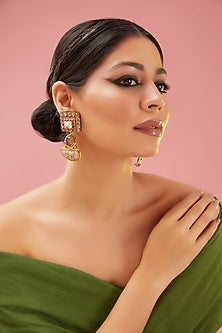 Gold Finish Kundan Polki & Pink Onyx Dangler Earrings