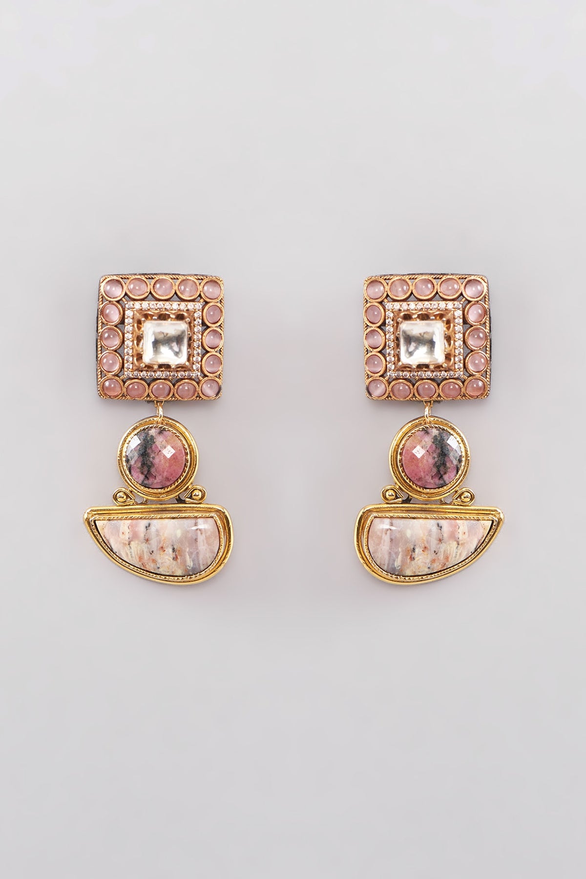 Gold Finish Kundan Polki & Pink Onyx Dangler Earrings