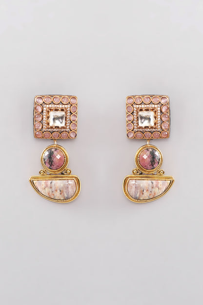 Gold Finish Kundan Polki & Pink Onyx Dangler Earrings