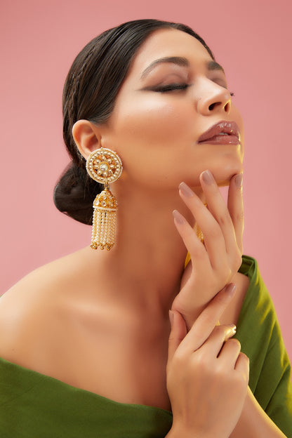 Gold Finish Kundan Polki & Pearl Jhumka Earrings