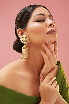 Gold Finish Kundan Polki & Pearl Jhumka Earrings