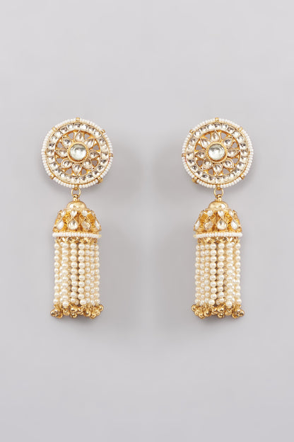 Gold Finish Kundan Polki & Pearl Jhumka Earrings