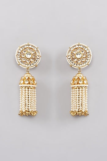 Gold Finish Kundan Polki & Pearl Jhumka Earrings