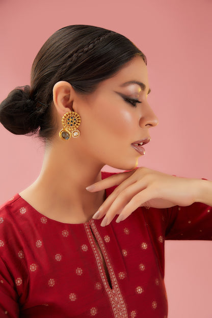 Gold Finish Kundan Polki & Labradorite Stud Earrings
