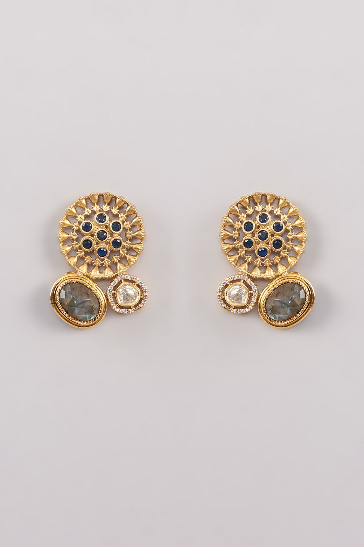 Gold Finish Kundan Polki & Labradorite Stud Earrings