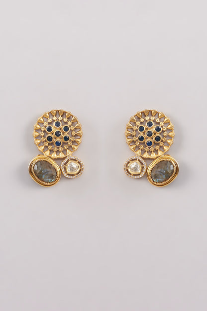 Gold Finish Kundan Polki & Labradorite Stud Earrings