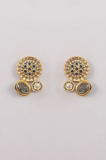 Gold Finish Kundan Polki & Labradorite Stud Earrings