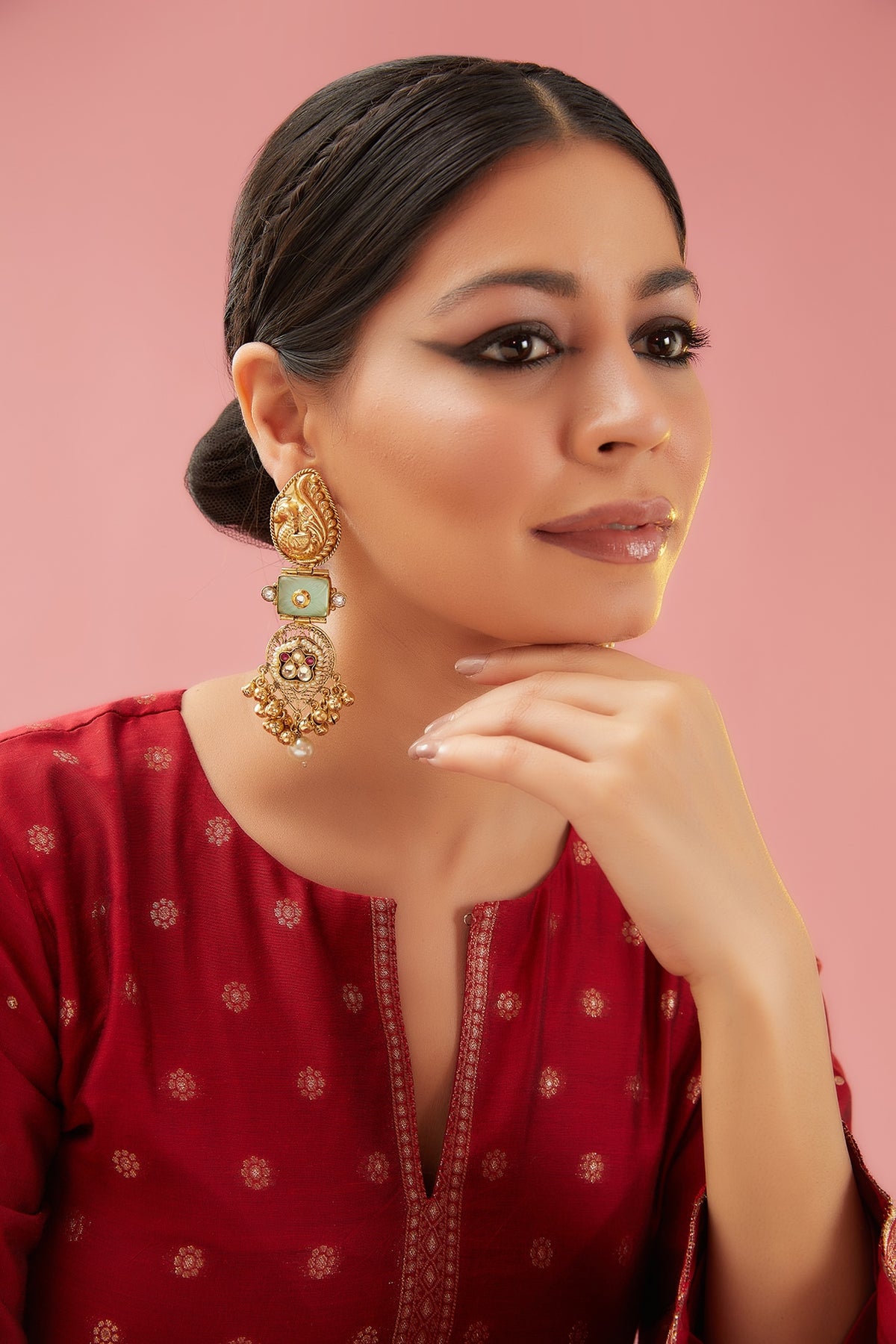 Gold Finish Kundan Polki & Mint Quartz Dangler Earrings