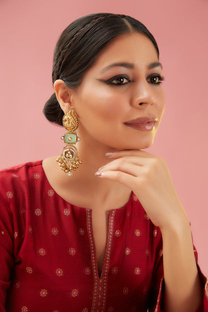 Gold Finish Kundan Polki & Mint Quartz Dangler Earrings