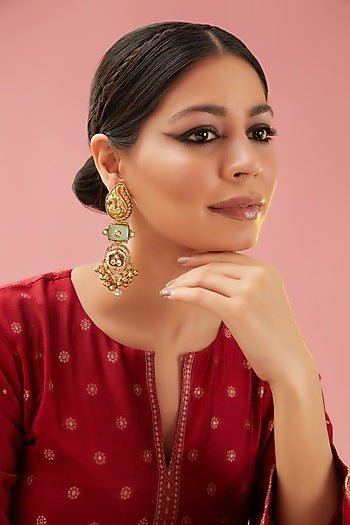Gold Finish Kundan Polki & Mint Quartz Dangler Earrings