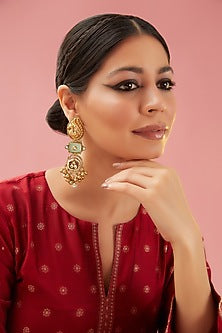 Gold Finish Kundan Polki & Mint Quartz Dangler Earrings