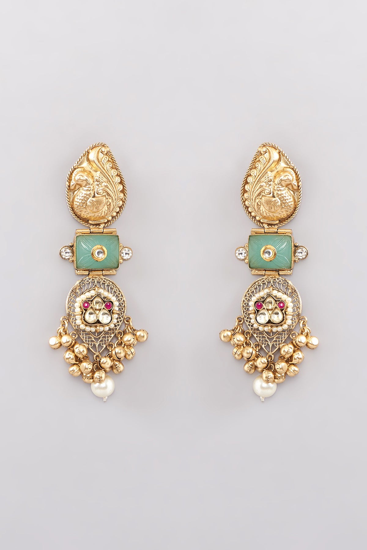 Gold Finish Kundan Polki & Mint Quartz Dangler Earrings
