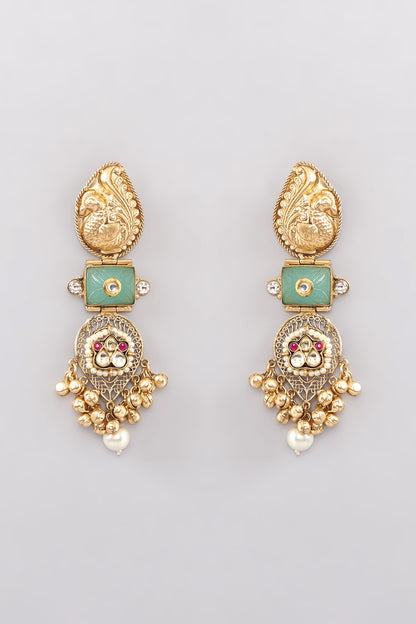 Gold Finish Kundan Polki & Mint Quartz Dangler Earrings