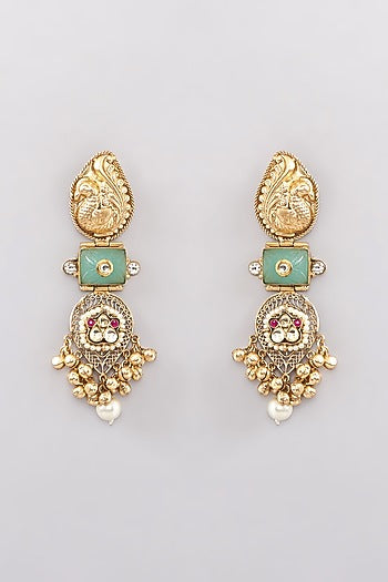 Gold Finish Kundan Polki & Mint Quartz Dangler Earrings