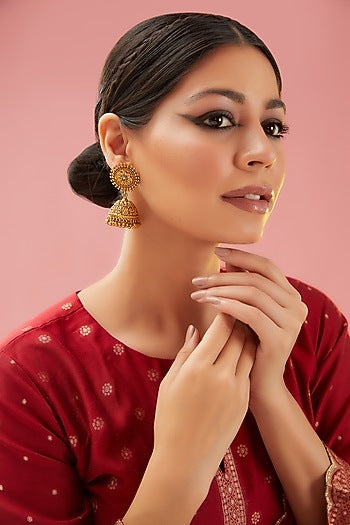 Gold Finish Kundan Polki & Beaded Jhumka Earrings