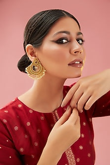 Gold Finish Kundan Polki & Pearl Chandbaali Earrings