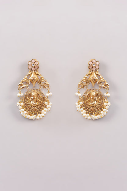 Gold Finish Kundan Polki & Pearl Chandbaali Earrings