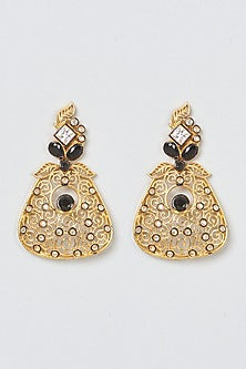 Gold Finish Black Stone & Zircon Dangler Earrings