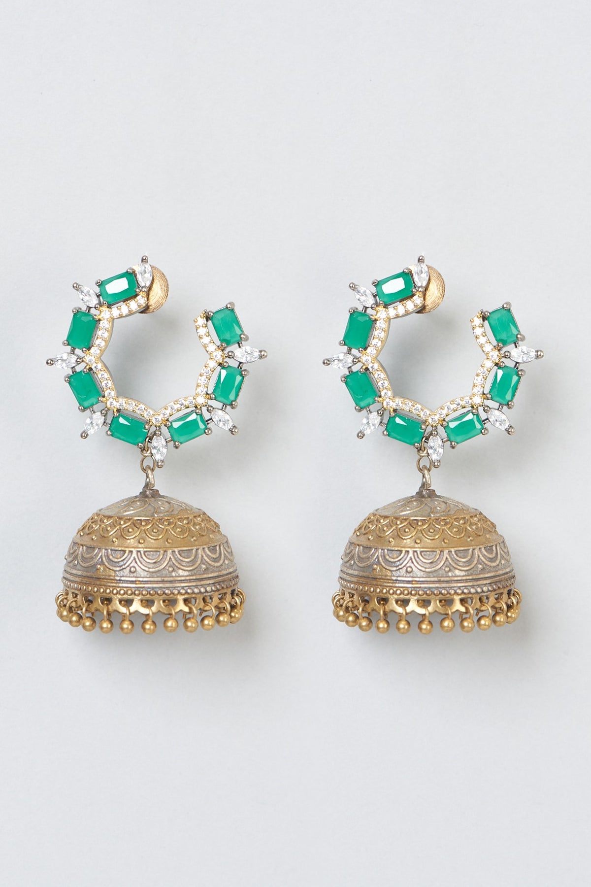 Two-Tone Finish Green Stone Jhumka Earrings