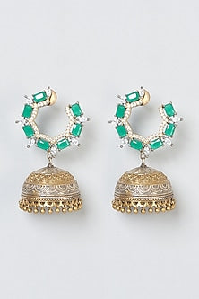 Two-Tone Finish Green Stone Jhumka Earrings