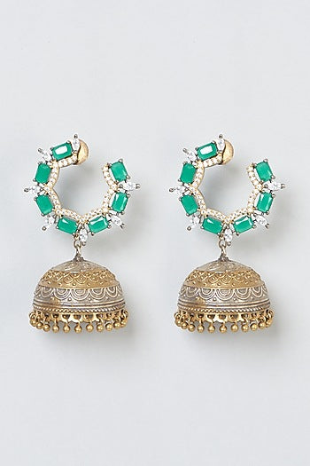 Two-Tone Finish Green Stone Jhumka Earrings