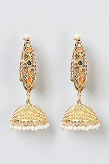 Gold Finish Pearl Temple Jhumka Earrings