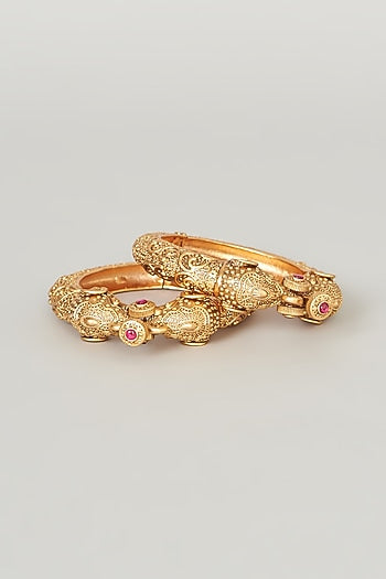 Gold Finish Mixed Metal Bangles (Set of 2)